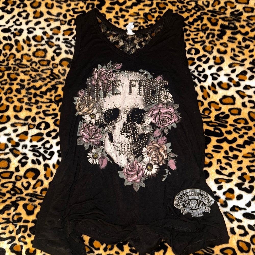 Y2k Gothic Grunge Rhinestone Skull Roses Tank Top with Lace back